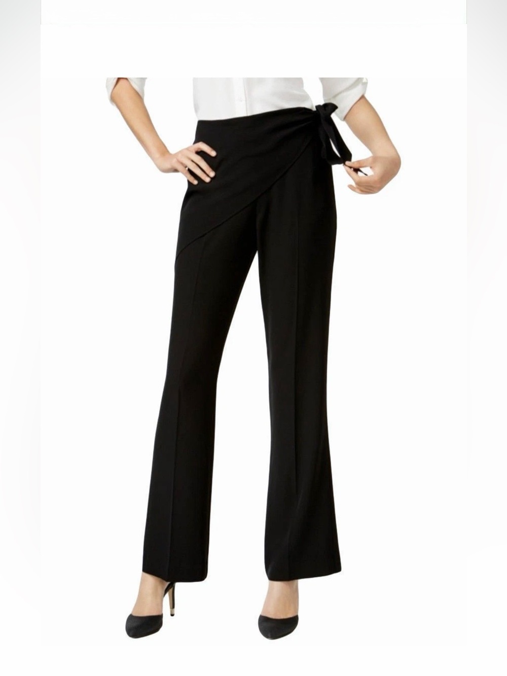 Calvin Klein Black asymmetrical wrap-front tie trousers. Size 14
